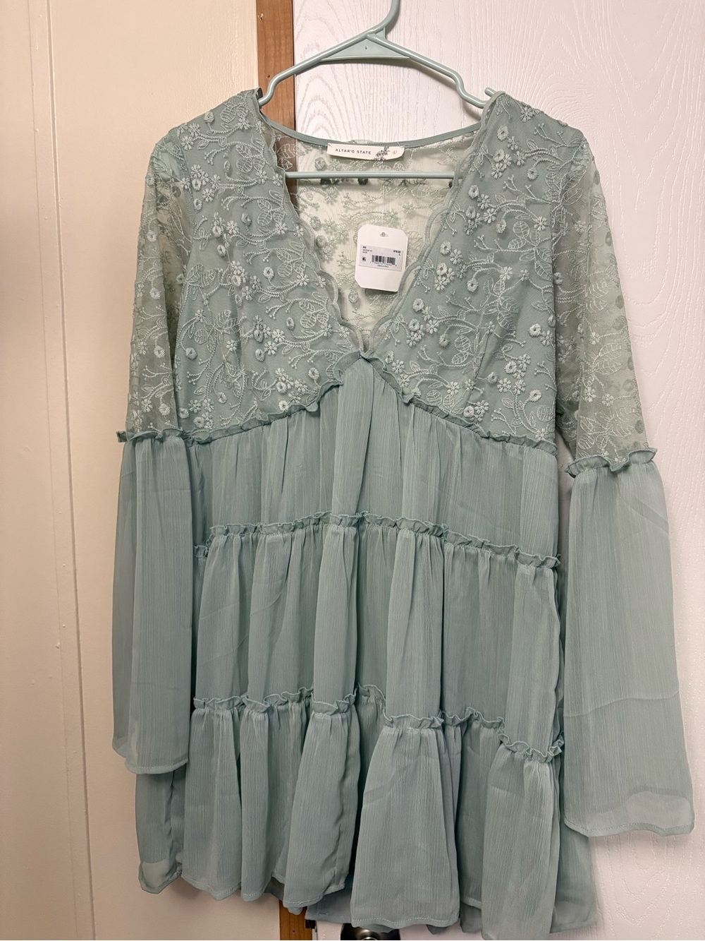 Altar’d State Embroidered Tiered Sage Green Blouse